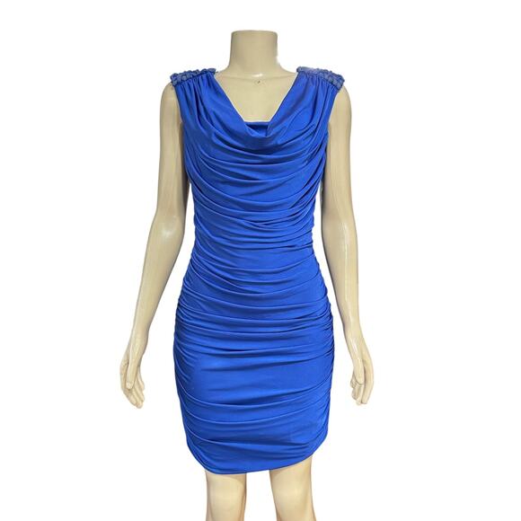 Tadashi Shoji Womens Cowl Neck Party Dress Y2K Blue Beaded Ruched Sleeveless - Picture 1 of 16